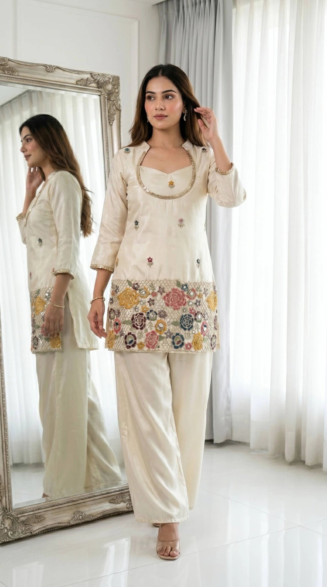 Off White Embroidered Beads and Kardana Work Suit mirror view with covered back